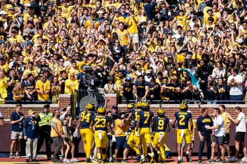 Michigan fans celebrate a touchdown (0) by Michigan Wolverines quarterback Mike Sainlisteel during Michigan’s win over Rutgers